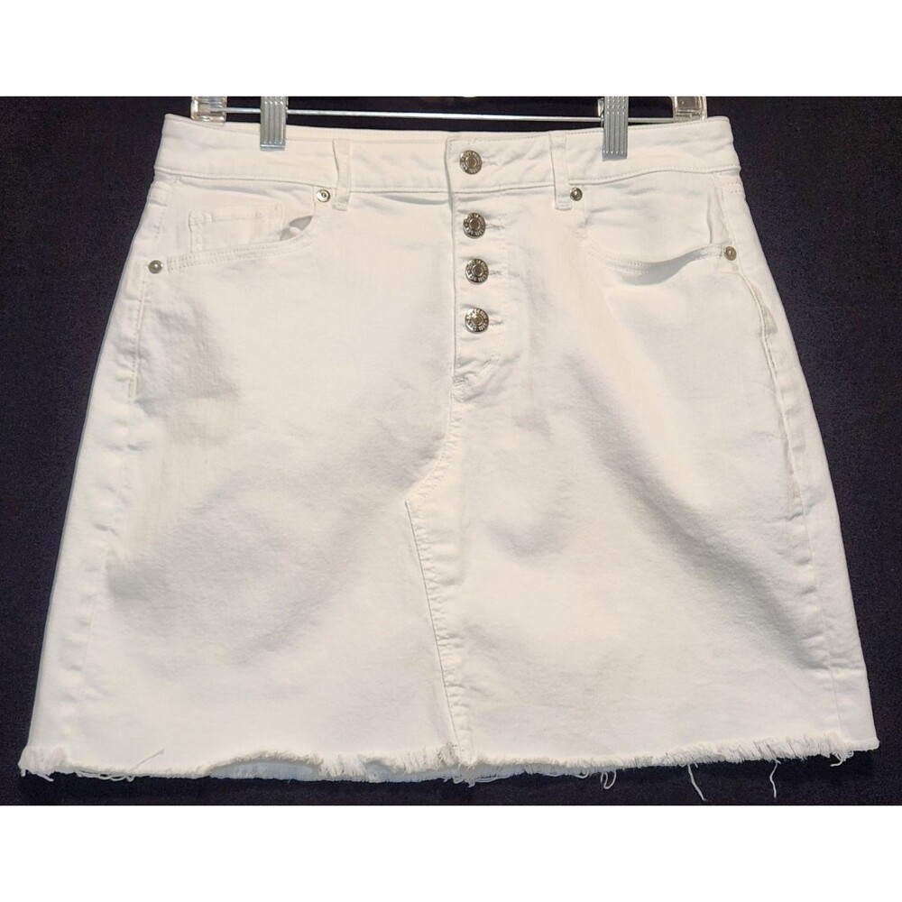 LOFT Size 10 White Denim Button Front A-Line Skirt Raw Hem Pockets 90s Y2K